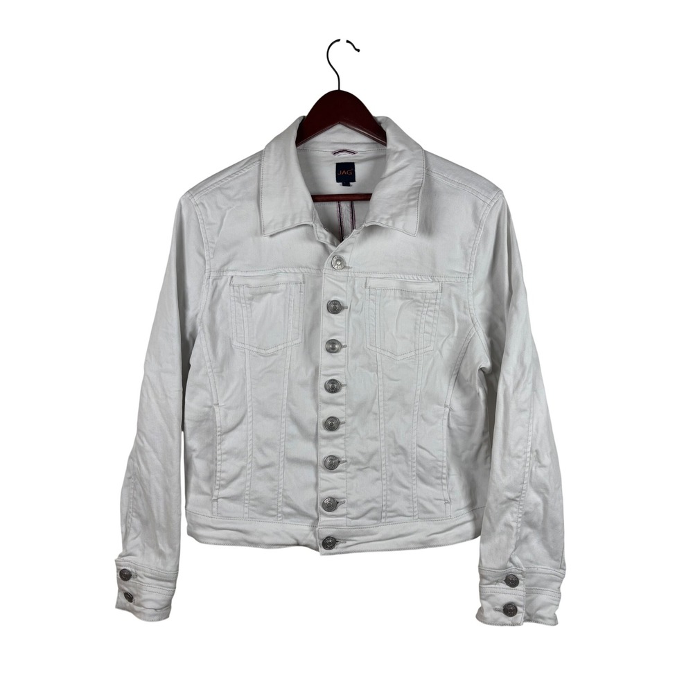 JAG Women's Large Denim Jacket White Button Up Stretch Cotton Trucker Coat